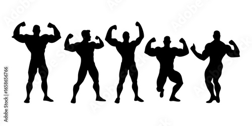 Isolated vector illustration of varied pose of body builders silhouette.
