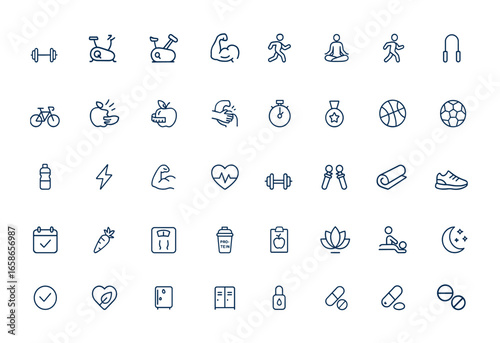 Linear outline icons set featuring gym, fitness, sports, and healthy lifestyle symbols. Editable stroke pictograms for health, wellness, activity, exercise, infographics, wellness and more.