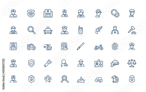 Linear style police icons set. Outline pictogram series featuring law enforcement, public safety, security, policeman, police department, service, order, protection, crime prevention and more.