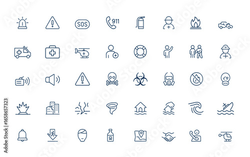 Linear style line icons set featuring emergency, SOS, disaster, accident, dangerous situations, help, and salvation. Editable stroke outline pictogram infographic symbols for crisis response and more.