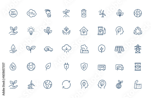 Linear style outline icon series featuring net zero, carbon, green energy, recycling, and green planet concepts. Conceptual infographic pictograms for sustainability, eco-friendly and more.