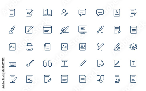 Linear style outline icons set text and writing concepts, author, copywriting, book, read, words, writer icons, literature, content, publishing, Conceptual web pictogram for editorial and more.