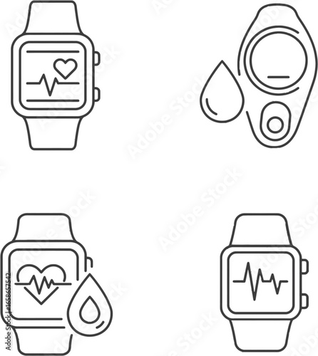 Vector art of smartwatch icons set with heart rate and blood glucose monitoring