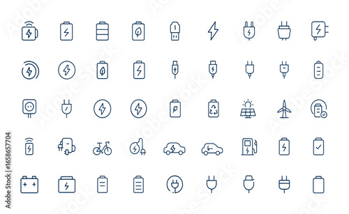 Charging icons set in linear style with editable stroke. Outline pictogram and infographic of electronic charger and charge devices, power supply, energy, technology, electric and more.