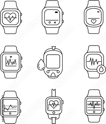 Vector art of smartwatch icons set with heart rate and blood glucose monitoring
