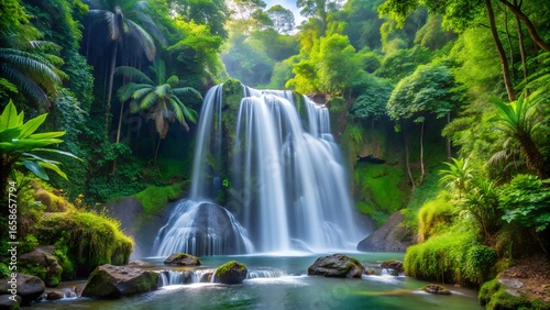Lush Tropical Waterfall Cascading into a Clear Pool Surrounded by Dense Green Foliage and Mossy Rocks
