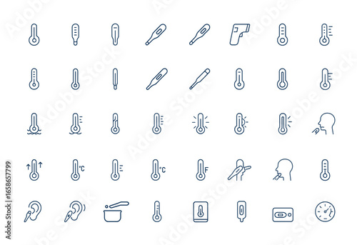 Thermometer and temperature line icons set. Vector outline pictograms of mercury, electronic, infrared thermometers. Air, water, oral, rectal, ear temperature symbols, medical, health and more.