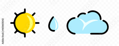 Sun, droplet, cloud, rainfall and rain, graphic design. Weather, forecast, meteorology and climate, vector design and illustration