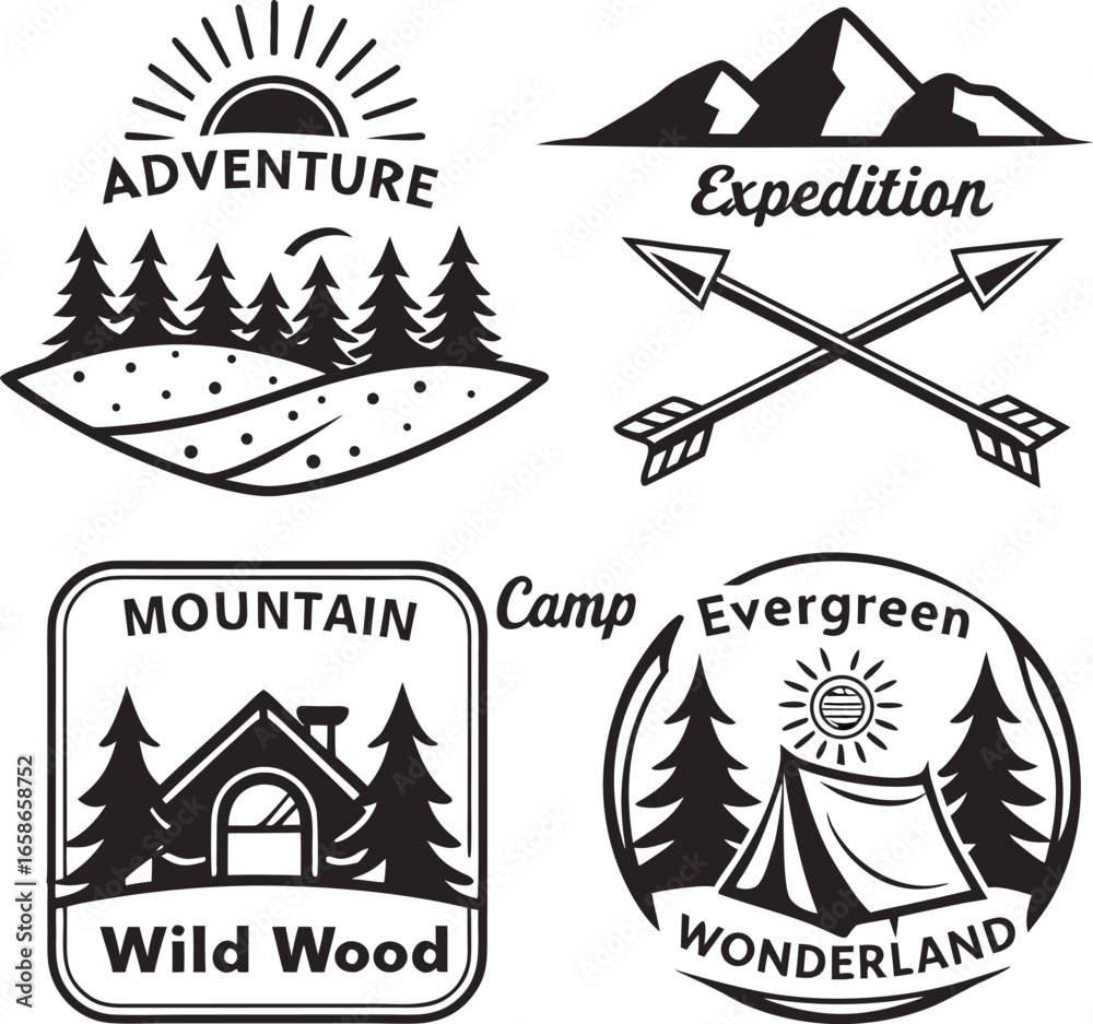 Fototapeta premium Vector art of black and white adventure, expedition, and camp logos featuring mountain, cabin, and tree designs