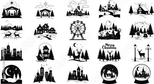 Christmas village SVG bundle, winter silhouette clipart set, holiday houses, reindeer, nativity, and snow globe designs for Cricut crafts