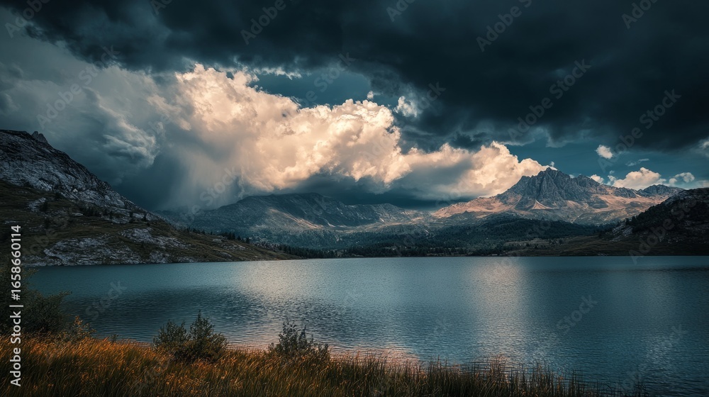 Fototapeta premium storm over a valley with a lake, storm clouds, lightning generative ai