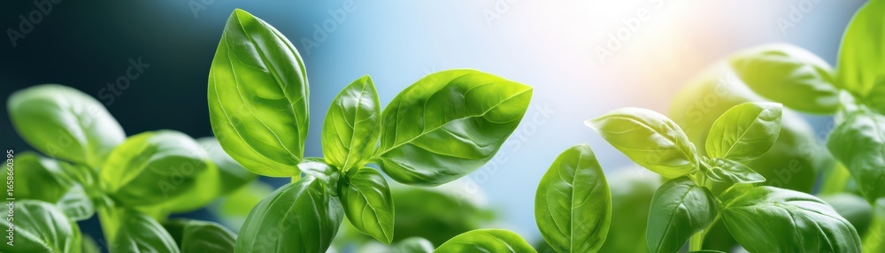 Fototapeta premium Fresh Green Basil Leaves with Natural Light in Soft Focus Background
