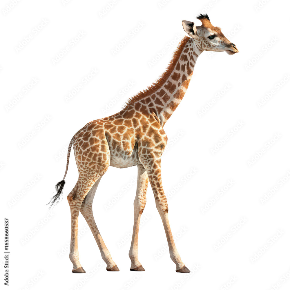 Naklejka premium Baby giraffe standing upright without shadow hyper-realistic illustration png adorable giraffe image isolated on transparent background png giraffe calf art png detailed animal render png