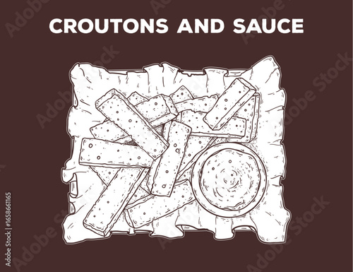 Croutons and sauce sketch. Hand drawn vector illustration. Gastropub, gastrobar, pub food. Detailed design element. Top view.