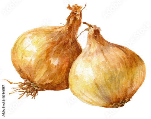 Two hand-drawn, watercolor onions, light brown and yellow, close-up