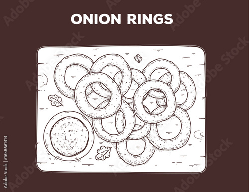 Onion rings sketch. Hand drawn vector illustration. Gastropub, gastrobar, pub food. Detailed design element. Top view.
