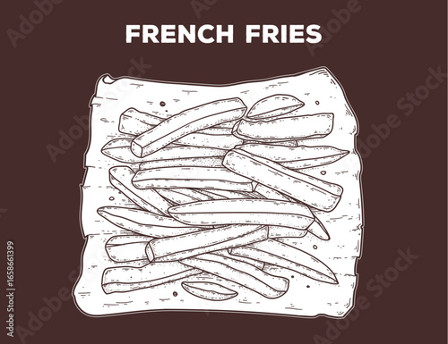 French fries sketch. Hand drawn vector illustration. Gastropub, gastrobar, pub food. Detailed design element. Top view.
