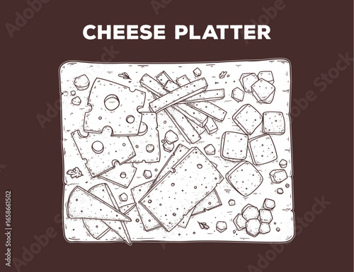 Cheese platter sketch. Hand drawn vector illustration. Gastropub, gastrobar, pub food. Detailed design element. Top view.