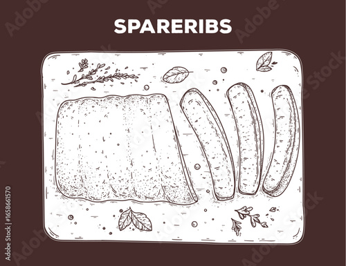 Spareribs sketch. Hand drawn vector illustration. Gastropub, gastrobar, pub food. Detailed design element. Top view.