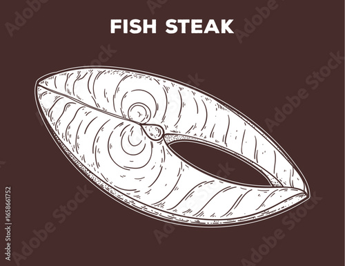 Fish steak sketch. Hand drawn vector illustration. Gastropub, gastrobar, pub food. Detailed design element. Top view.
