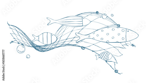 Large fish sliding on wavy fishing net with small bubbles, calm and sophisticated. Hand drawn ink illustration. Decorative composition for wall art, posters, cards and badges.