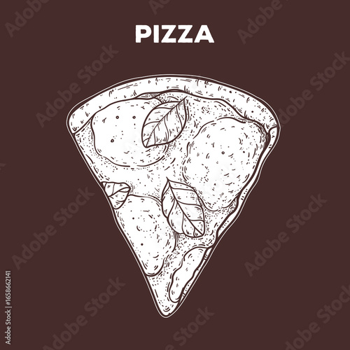 Slice of pizza sketch. Hand drawn vector illustration. Gastropub, gastrobar, pub food. Detailed design element. Top view.