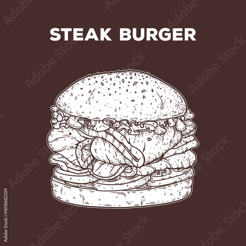 Steak burger sketch. Hand drawn vector illustration. Gastropub, gastrobar, pub food. Detailed design element.