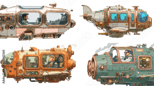 Retro steampunk submersible vehicles with brass frames and glass domes, piloted by explorers. Vintage sci-fi underwater machinery concept art.