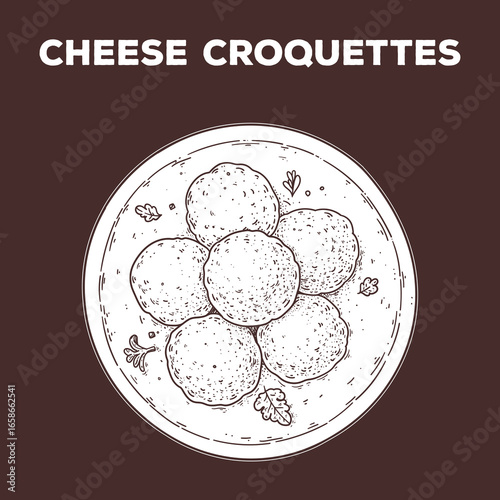 Cheese croquettes sketch. Hand drawn vector illustration. Gastropub, gastrobar, pub food. Detailed design element. Top view.
