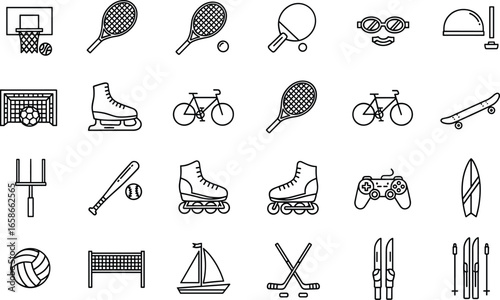 Vector Icons of Sports and Recreation Equipment – Illustration of Diverse Activities from Basketball to Sailing on White Background