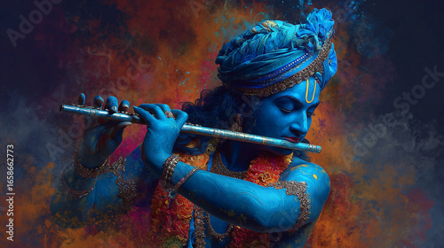 Krishna, flute playing hindu god deity hinduism mythology, indian culture art. Wallpaper, background of Krishna.