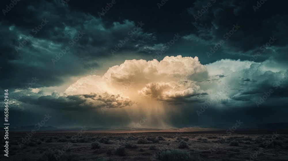 Fototapeta premium large clouds, over a mountain, storm and sunlight filtering over it generative ai
