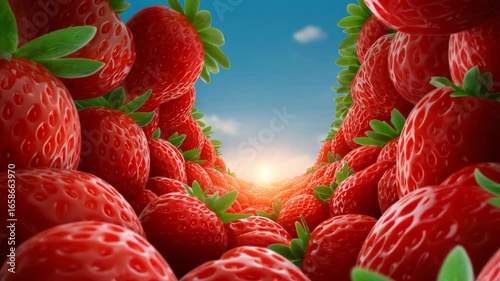 Camera flight through a tunnel formed by juicy and ripe strawberries. Feeling of summer, freshness and naturalness. For videos about food, healthy lifestyle, sweets or summer recipes.