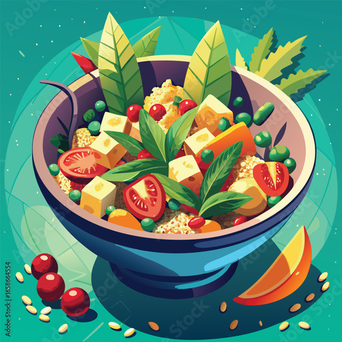 A colorful illustration of a healthy vegetable and grain salad in a bowl