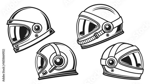 Collection of four diverse retro and modern astronaut helmets in black and white line art style