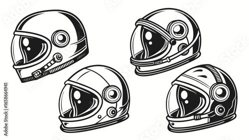 Collection of four black and white vintage style astronaut helmets with reflective visors on a white background
