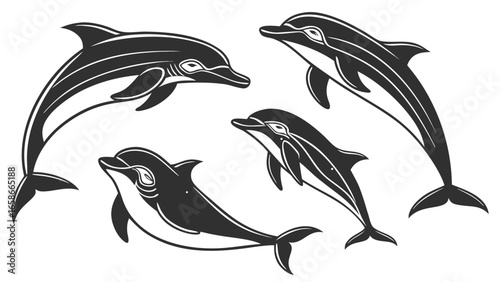 Stylized black and white illustration of four leaping dolphins in a dynamic composition on a white background