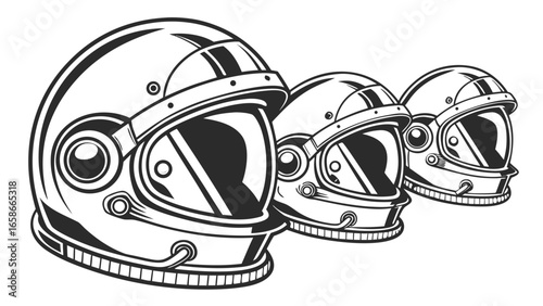 Three retro style astronaut helmets lined up in a row with a white background and black outline illustration