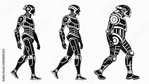 Three futuristic android robots in silhouette walking in profile against a white background