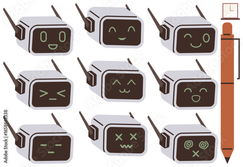 Small robots with antenna featuring facial expressions representing emotions, near a brown stylus and size indicator. Ideal for technology, robotics, emotion, communication, AI, education, simple