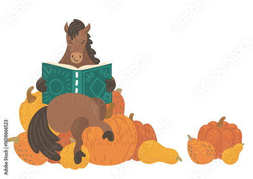 Brown horse reading book on pile of orange pumpkins. Autumn harvest educational event for children.