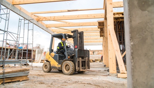 Forklift Operator Navigates Wooden Structure at Construction Site Under Bright Sky