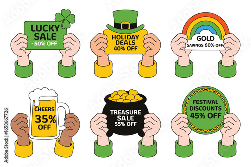 St patrick s day sale signs held by cartoon hands featuring lucky sales holiday deals and pot of gold