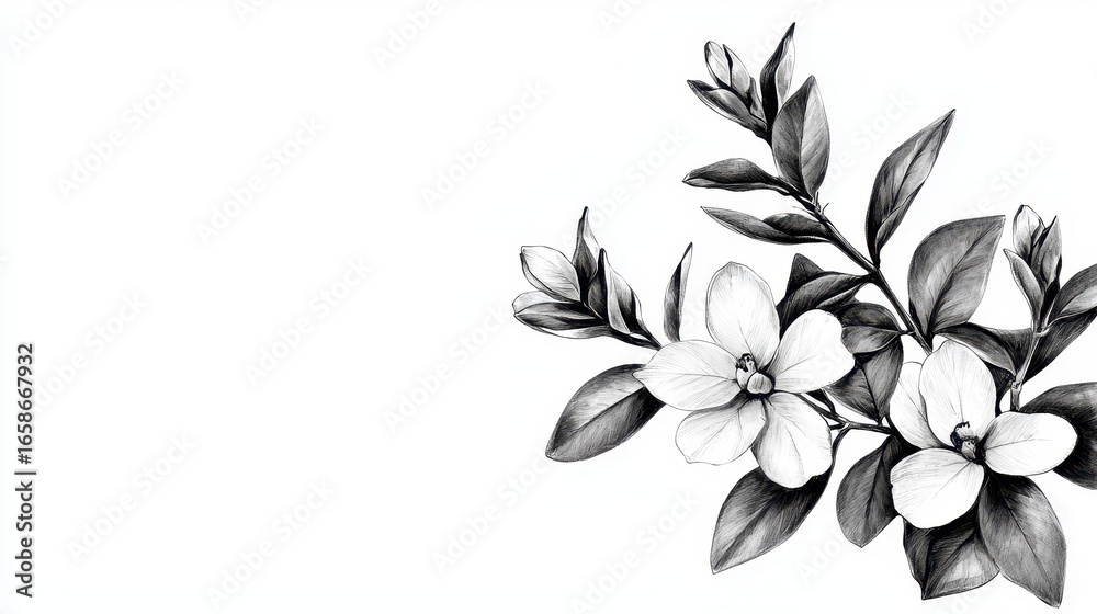 Obraz premium Beautiful floral illustration featuring delicate white flowers and green leaves, creating serene and elegant composition