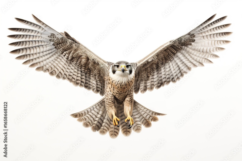 Fototapeta premium A majestic falcon with wings spread wide, captured in flight with detailed feathers against a white backdrop