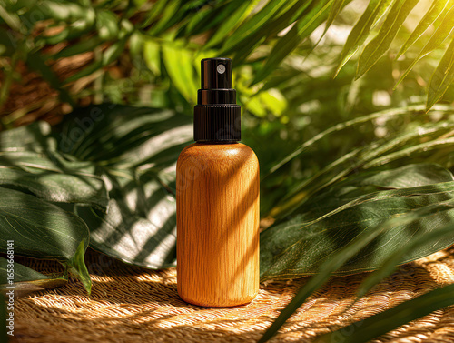 Close-up image of an amber glass bottle with dropper cap on woven fabric in a natural setting, possibly outdoors during early morning or late afternoon Lush tropical leaves and sunligh - AI-Generated