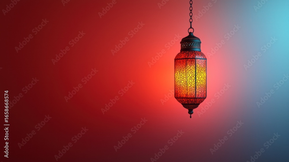 Obraz premium Illuminated lantern hanging against a red and blue background, ideal for Ramadan or festive celebrations