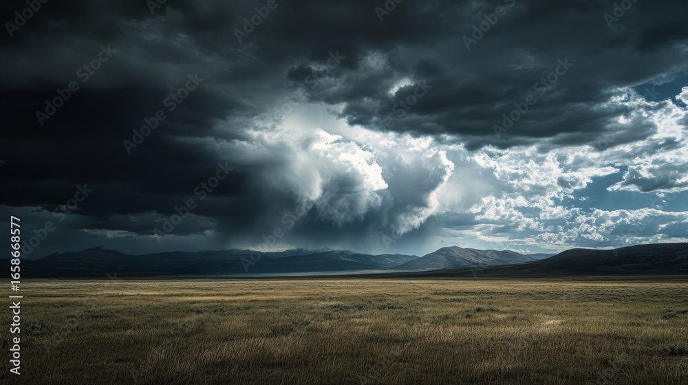Fototapeta premium large clouds laden with water over a valley, stormy day generative ai