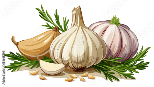 Fresh garlic bulbs and cloves rest gracefully with rosemary sprigs and delicate parsley leaves scattered across a pristine white background, capturing natural aroma, organic detail, and timeless beaut