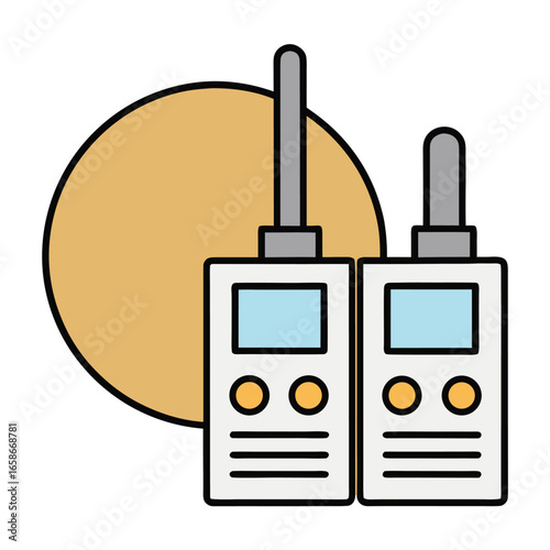 Two cartoon walkie talkies with antennas and screens on a white background radio communication